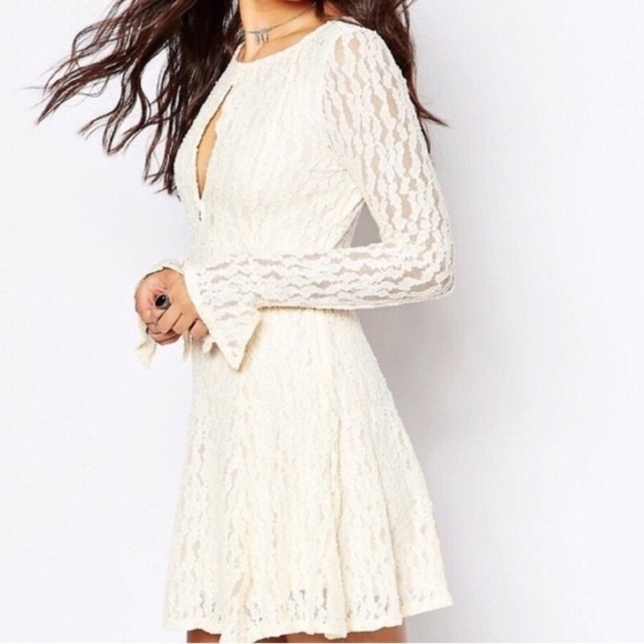 Free People Shearling Corded Lace Fit/Flare Cream Keyhole Front Dress size L - Picture 2 of 14